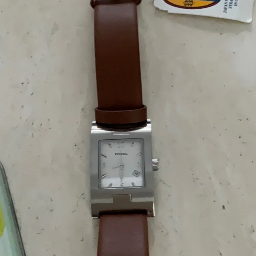 Fossil Watch Rectangle Leather Strap Water Resistant Silver Date New